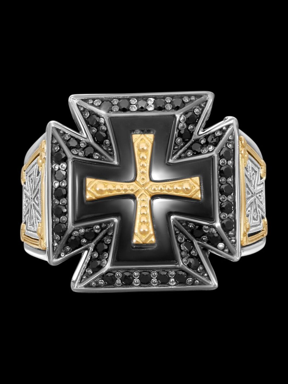 KONSTANTINO 925 Sterling Silver & 18K Gold Black Diamond Ares Cross Ring Size 10